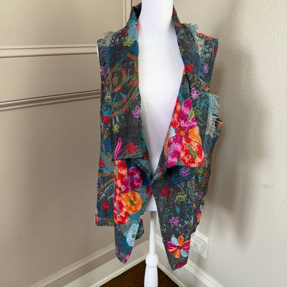 Anu 100% Wool Embroidered Vest Gray Blue Boho Open Front Bright Colorful Size M - Picture 1 of 7